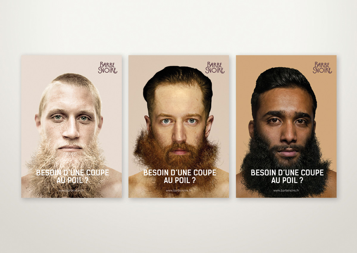 Aperçu des trois affiches Barbe Noire montrant des portraits d'hommes barbus