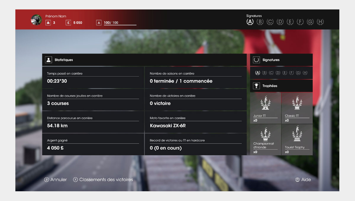 Capture d'écran du menu récapitulatif des statistiques d'un joueur de Tourist Trophy (...)