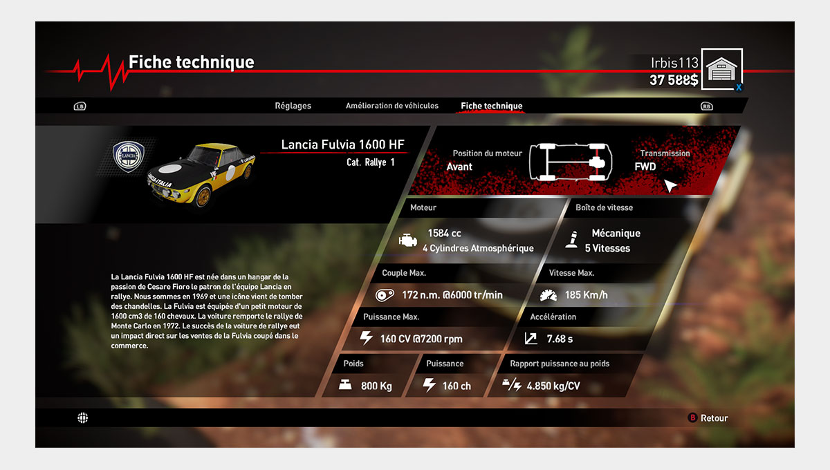 Capture d'écran de la fiche technique d'une Lancia Fulvia 1600 HF dans V-Rally (...)