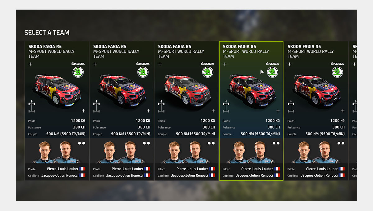 La maquette de l'écran où le joueur peut sélectionner sa voiture pour participer à une course de (...)