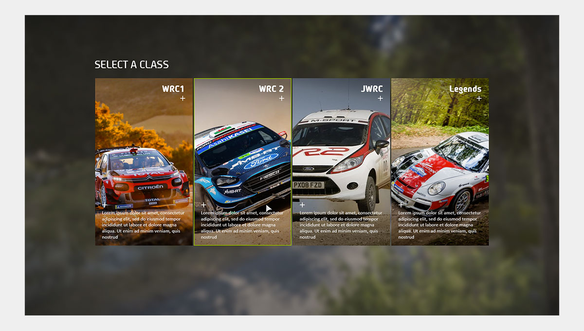 La maquette de l'écran où le joueur peut sélectionner l'une des différentes catégories de voiture de (...)
