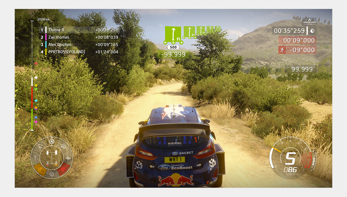 La maquette de l'écran en course d'un joueur de WRC 8. Il y est affiché son temps, sa progression, (...)